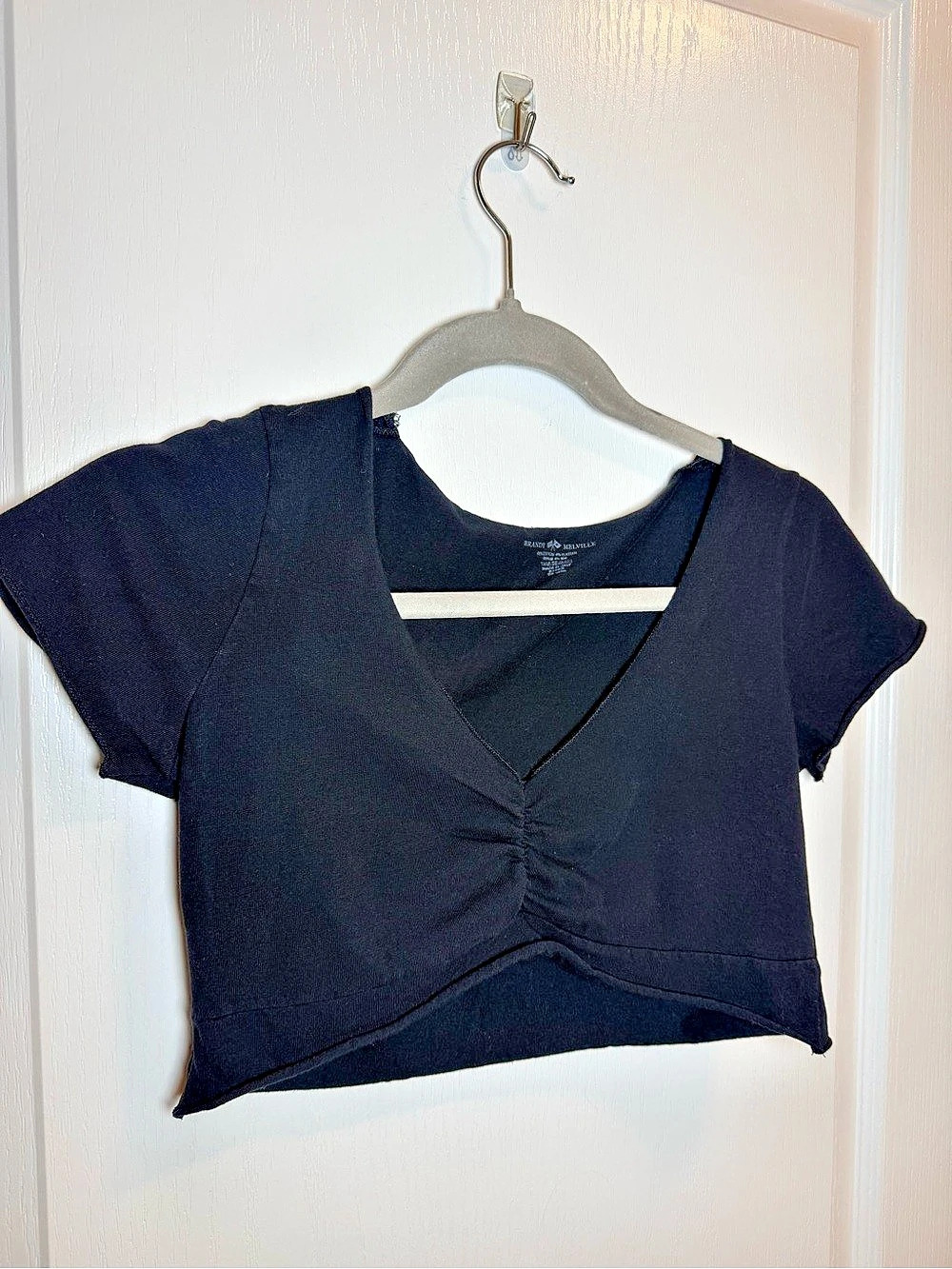 Brandy Melville Y2K Black Ruched V-Neck Short Sleeve Crop Top OS